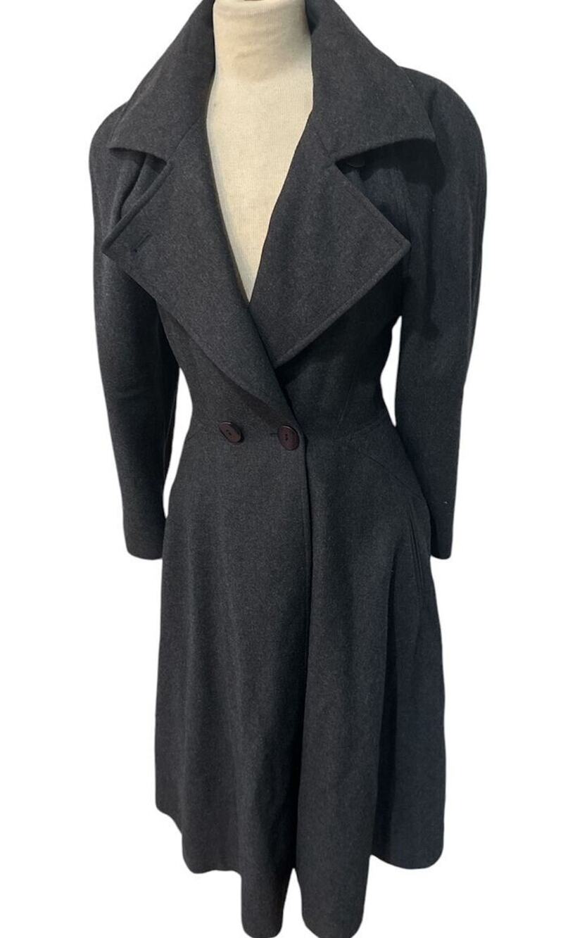 Vtg 90s Louis Feraud CHARCOAL WOOL MAXI CAPE BACK COAT SZ 4-6